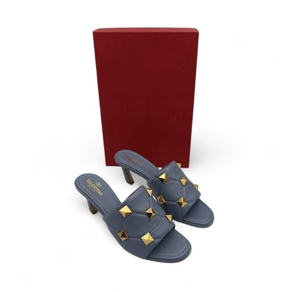 Valentino Garavani Blue Stone Roman Stud Quilted Slide Sandals Size 38.5 US 8.5